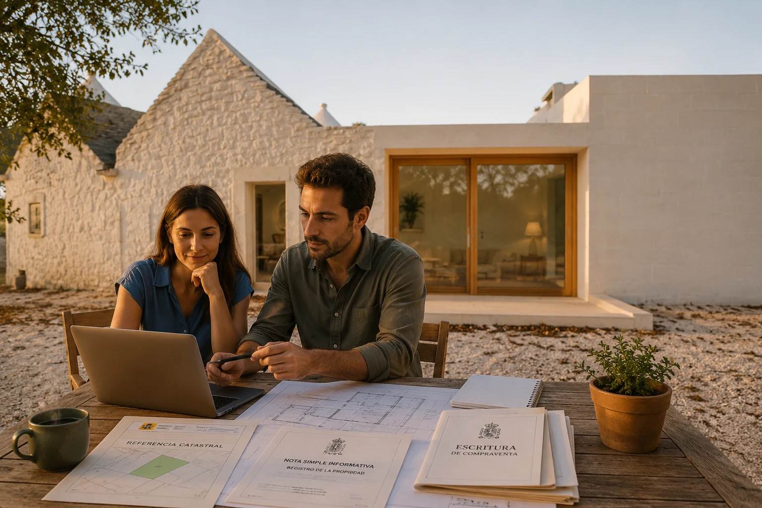 Propietarios revisando documentación de Catastro, Registro y escritura de una vivienda.