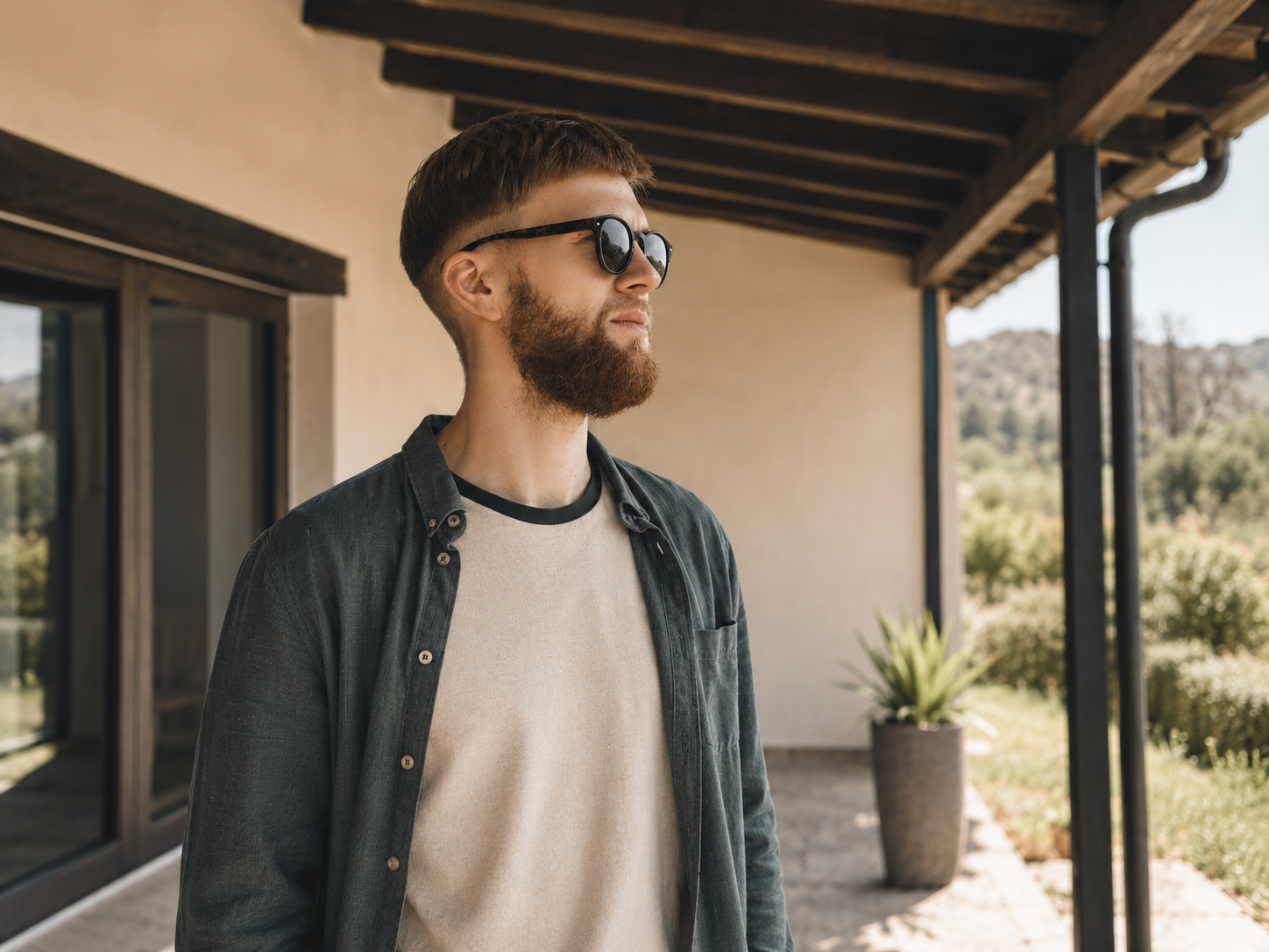 Persona observando una vivienda rural heredada con parcela y construcciones auxiliares.